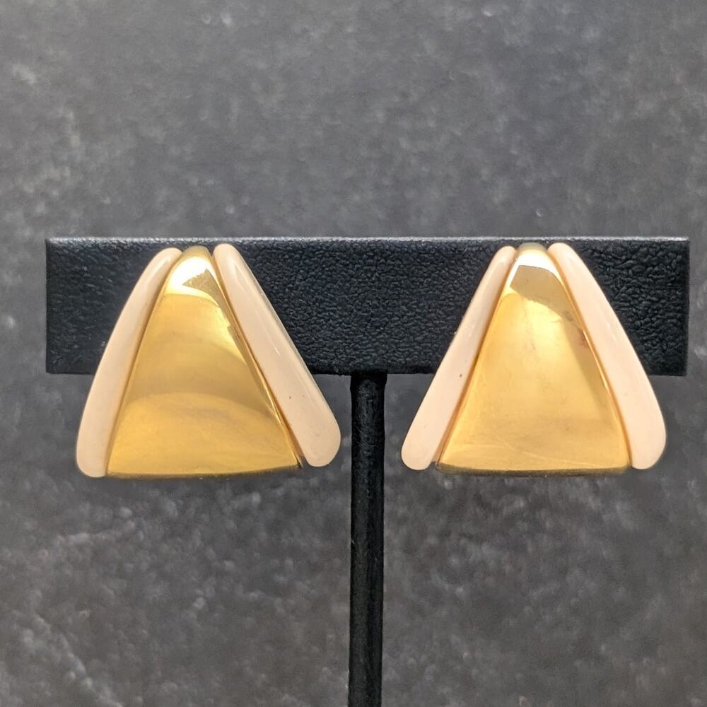 Vintage Napier Clip On Earrings Stylish Retro Gold Tone and Cream Triangle Like